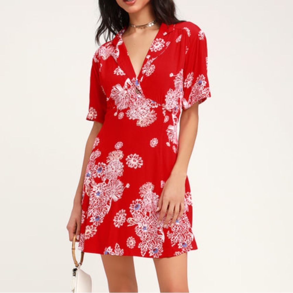 Free People Red Hawaiian Floral Print Short Sleeve Mini Dress